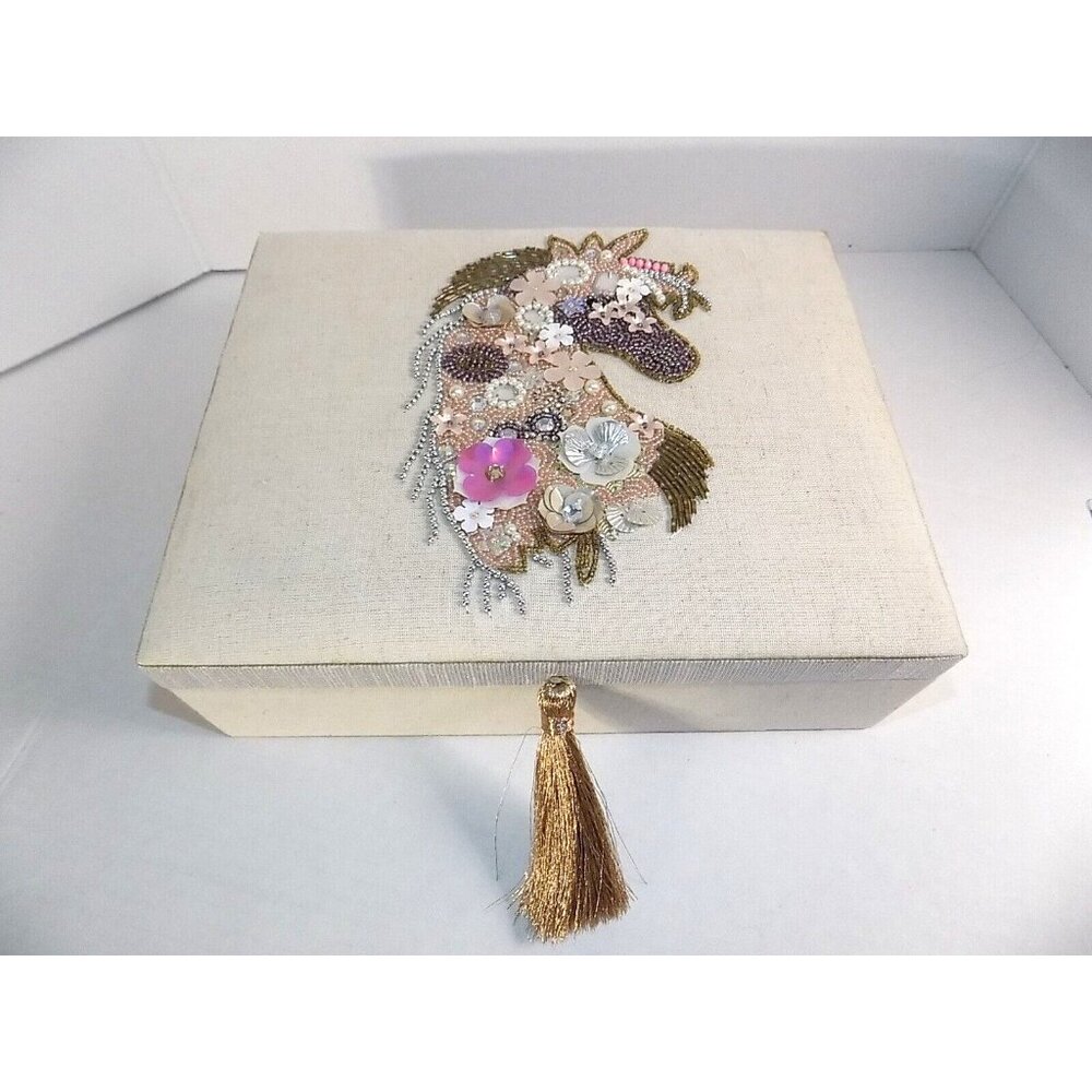 Unicorn Jewelry Box Storage Gift Embellished Organizer Natural Canvas 10"×8"×3